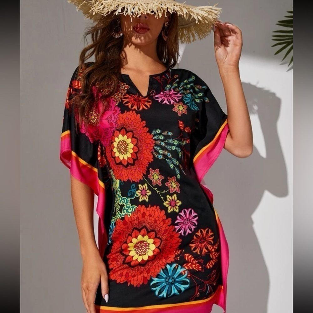 Bohemian Floral Print Notched Neck Batwing Sleeve Midi Tunic Coverup Dress